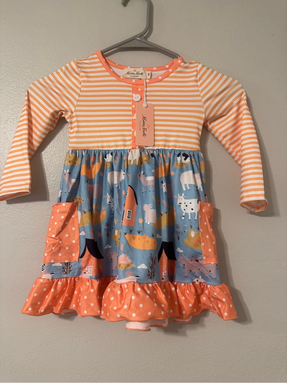 Girls Coral Stripe & Blue Farm-Print Long Sleeve Dress